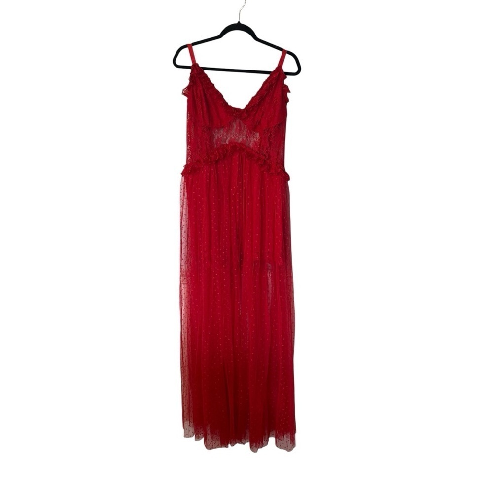 Choosy Womens Sleeveless Red Polka Dot Ruffle Lace Maxi Lingerie Dress Sz 18 NWT